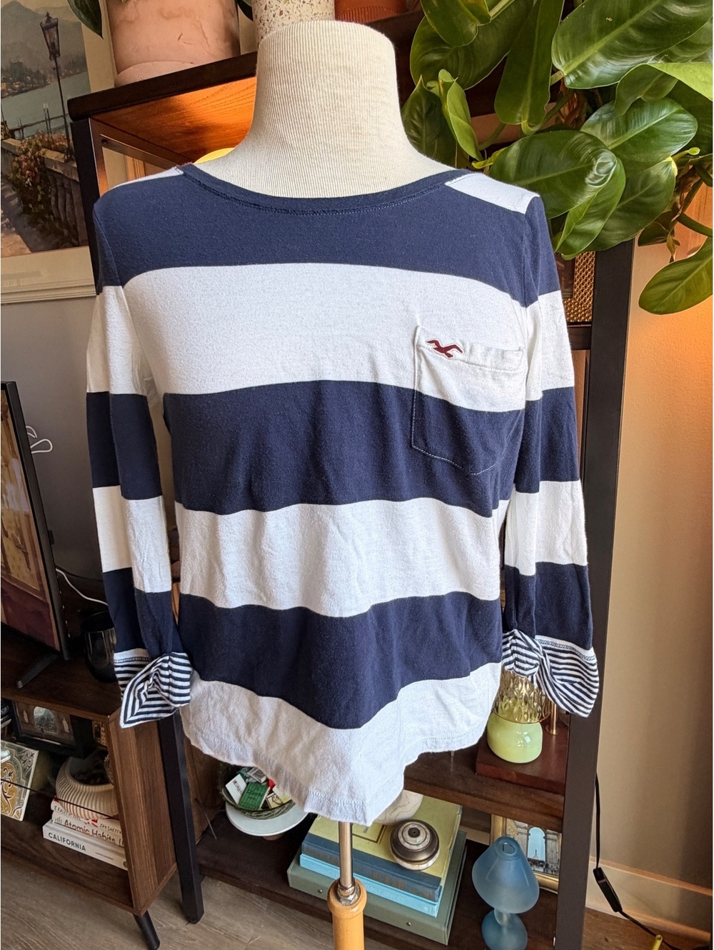 Y2K Hollister Navy and White Striped Cotton Long Sleeve Shirt w Pocket Medium